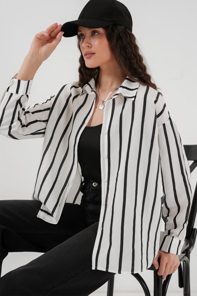 Çizgili Oversize Basic Gömlek - Siyah - Beyaz