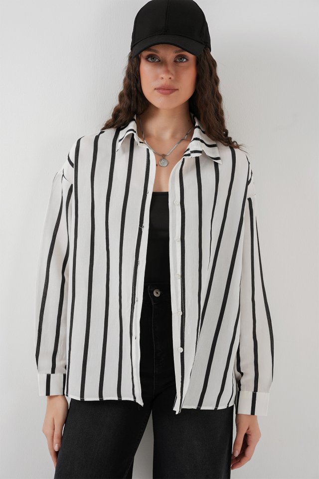 Çizgili Oversize Basic Gömlek - Siyah - Beyaz