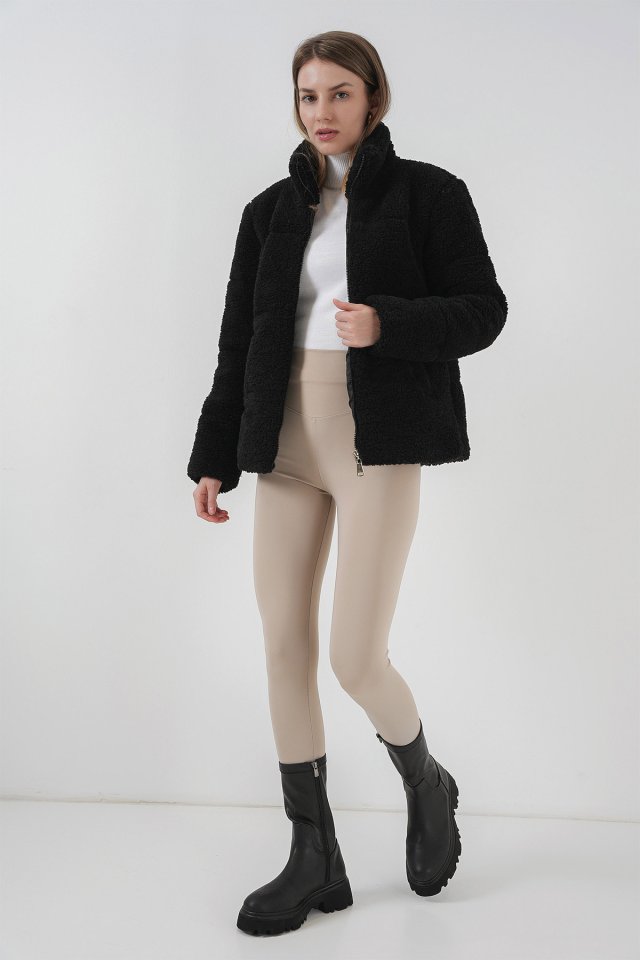 Astarlı Peluş Mont - Siyah