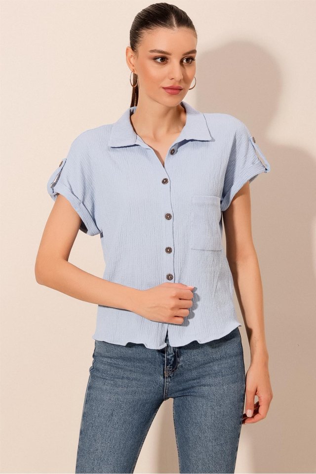 Kısa Kol Oversize Örme Gömlek - Mavi