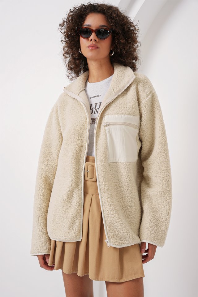 Fermuarlı Oversize Peluş Ceket Mont - Krem