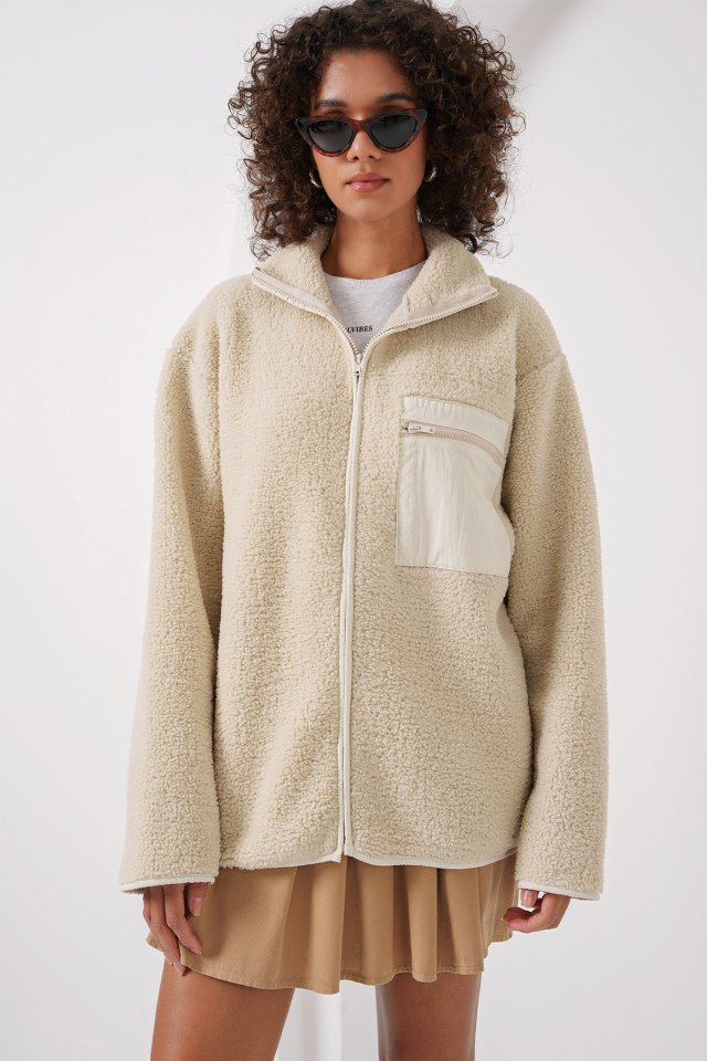 Fermuarlı Oversize Peluş Ceket Mont - Krem