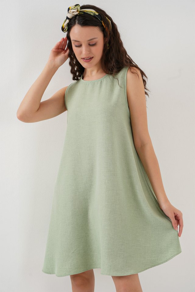 Mini Keten Elbise - E.Yeşil