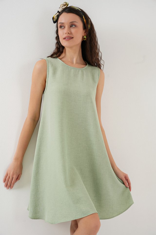 Mini Keten Elbise - E.Yeşil