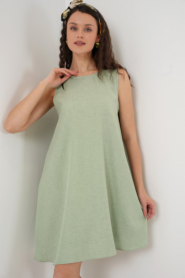 Mini Keten Elbise - E.Yeşil
