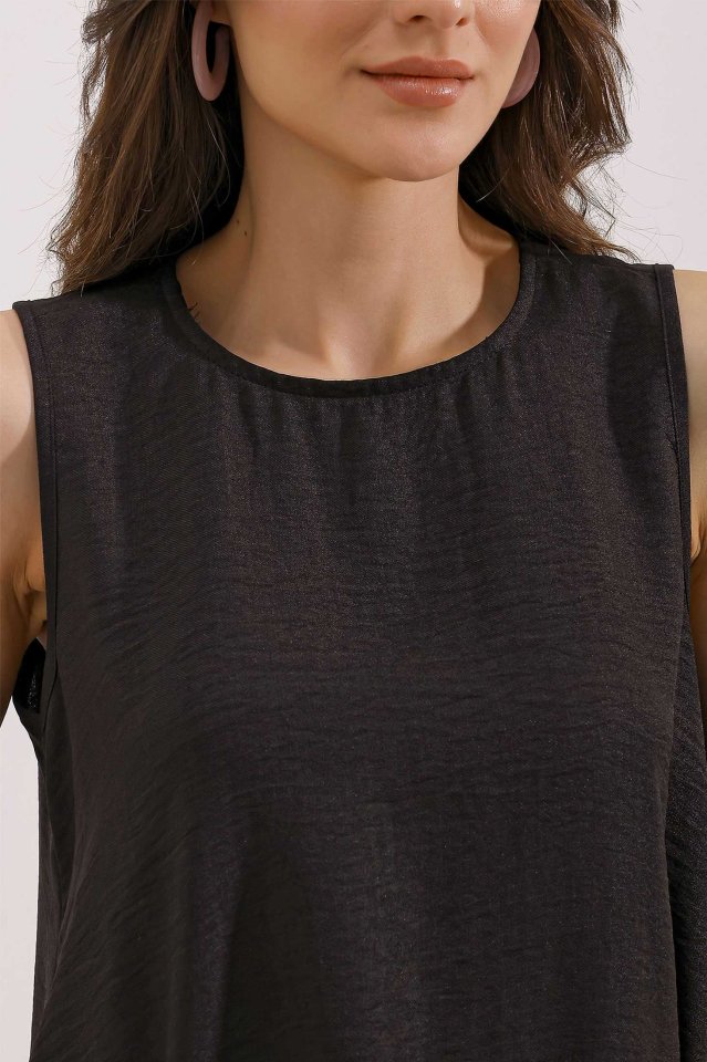 Detaylı Mini Keten Elbise - Siyah