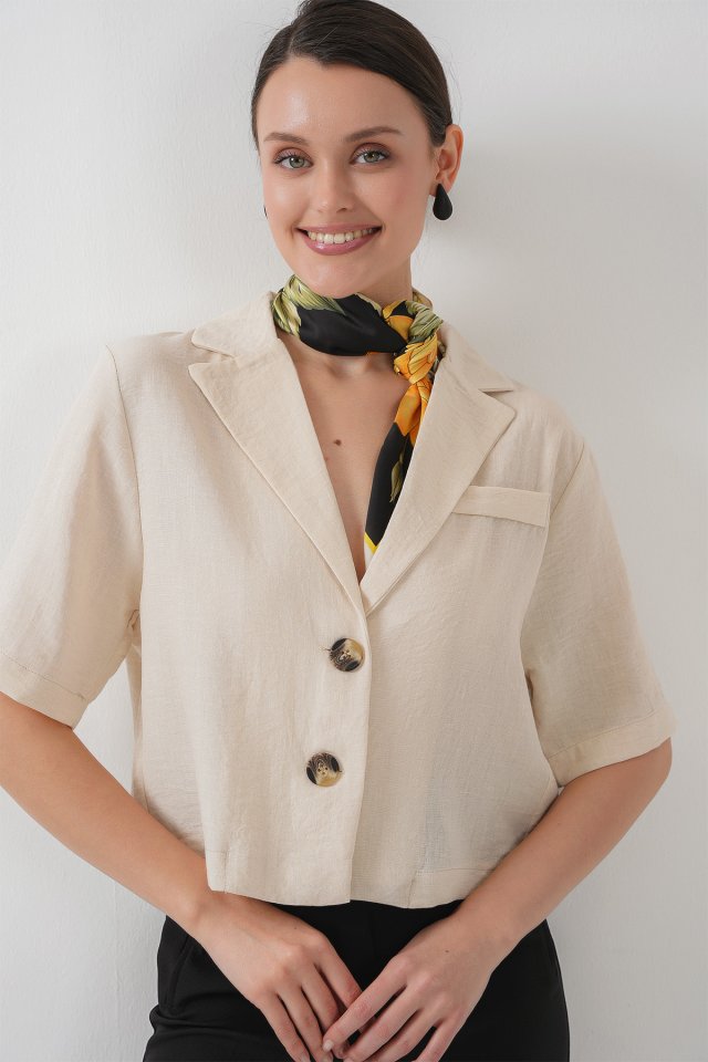 Crop Keten Ceket - M. Krem