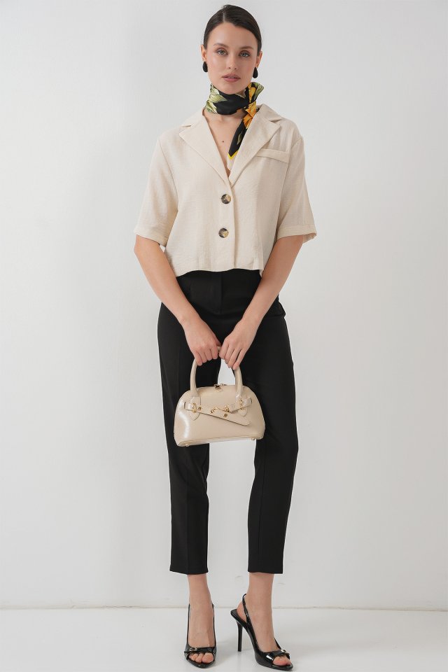 Crop Keten Ceket - M. Krem
