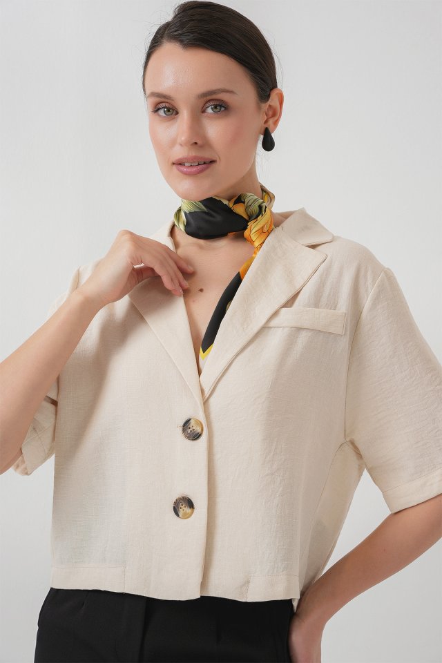 Crop Keten Ceket - M. Krem
