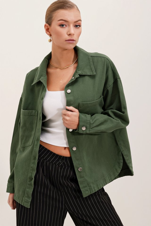 Oversize Gabardin Gömlek Ceket - Haki