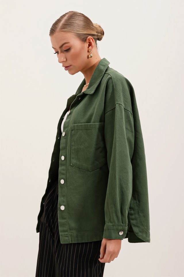 Oversize Gabardin Gömlek Ceket - Haki