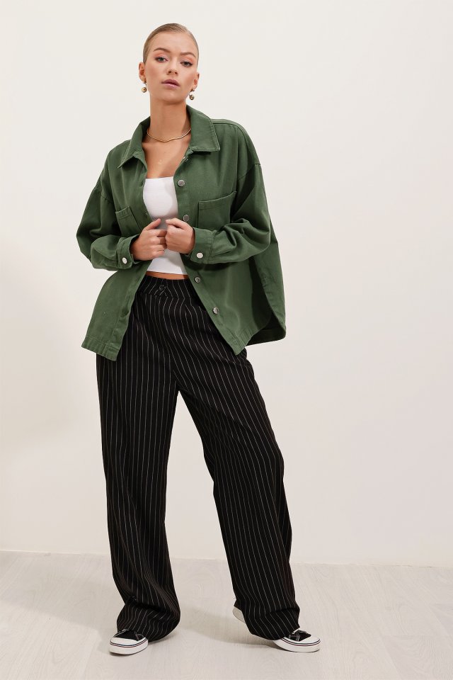 Oversize Gabardin Gömlek Ceket - Haki