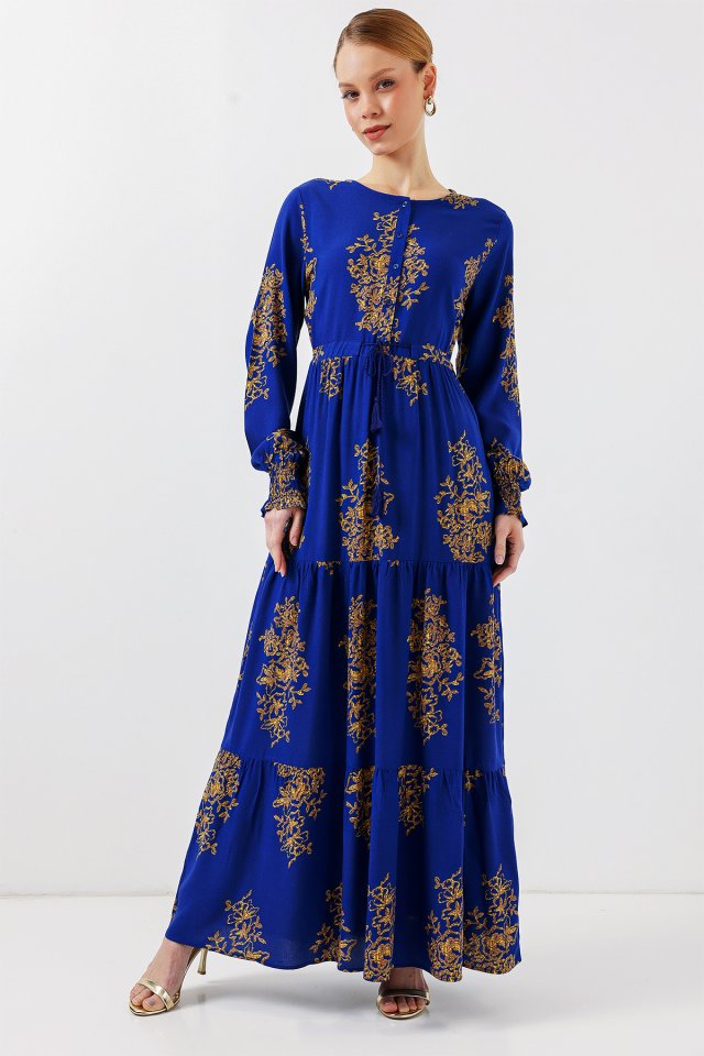 Desenli Tesettür Elbise - Saks