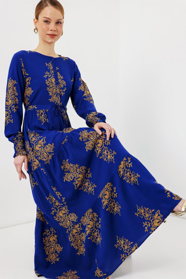 Desenli Tesettür Elbise - Saks