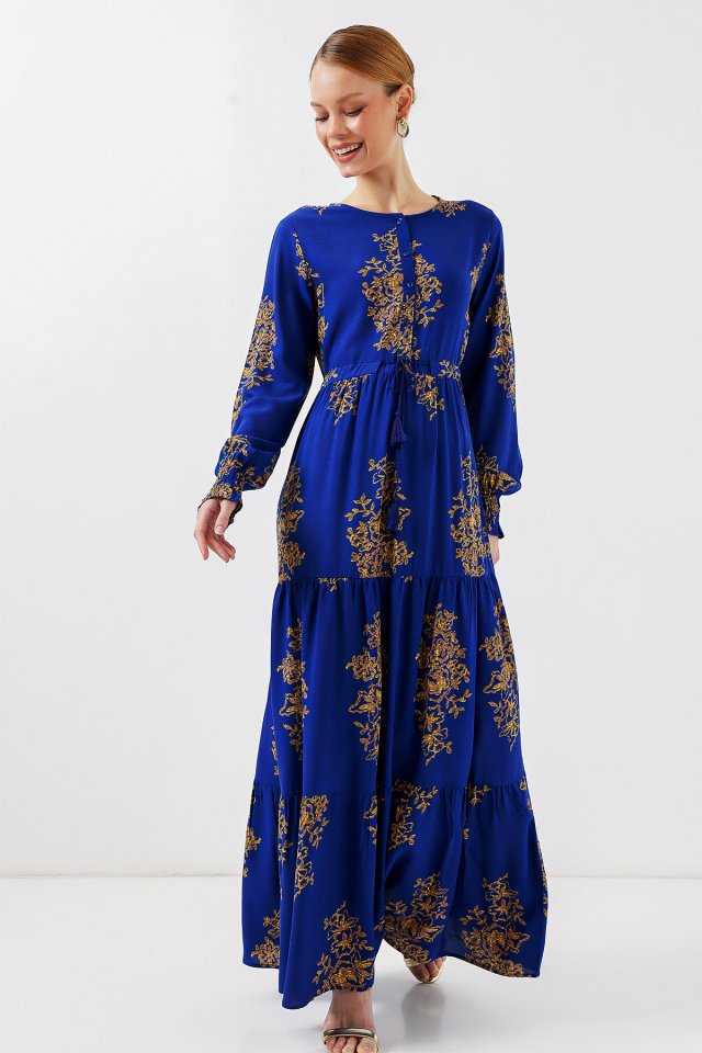 Desenli Tesettür Elbise - Saks