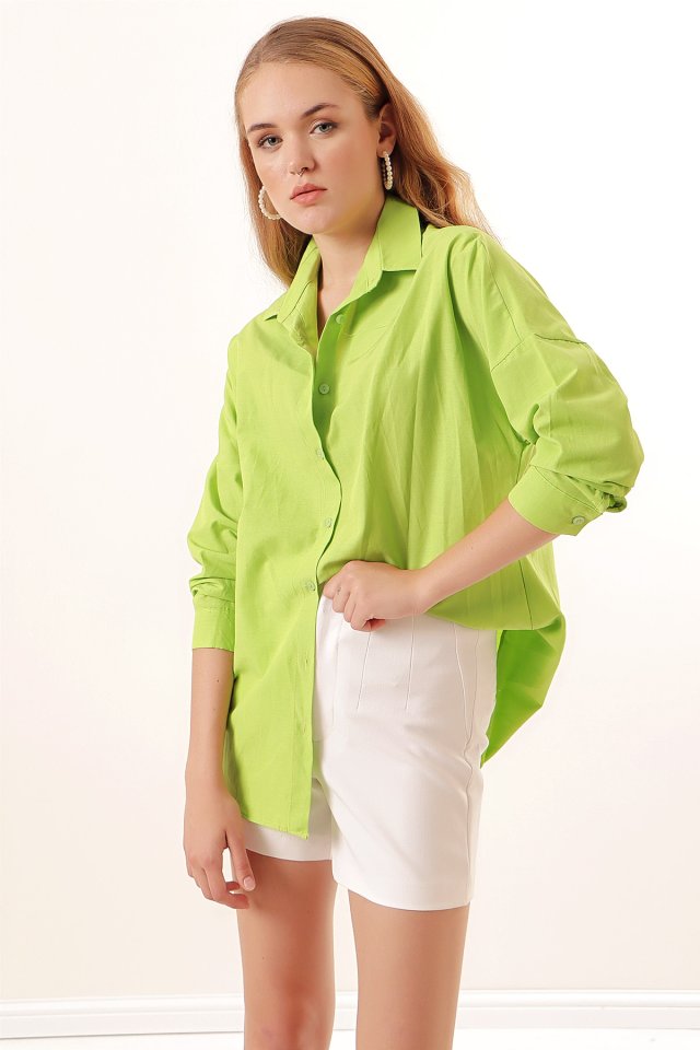 Oversize Uzun Basic Gömlek - G.Yeşil