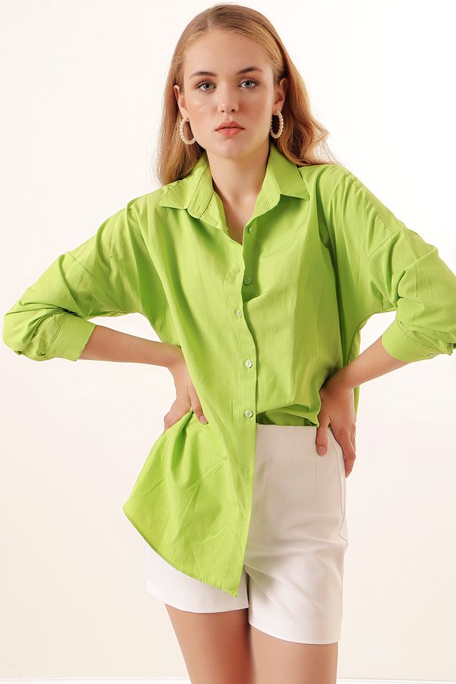 Oversize Uzun Basic Gömlek - G.Yeşil
