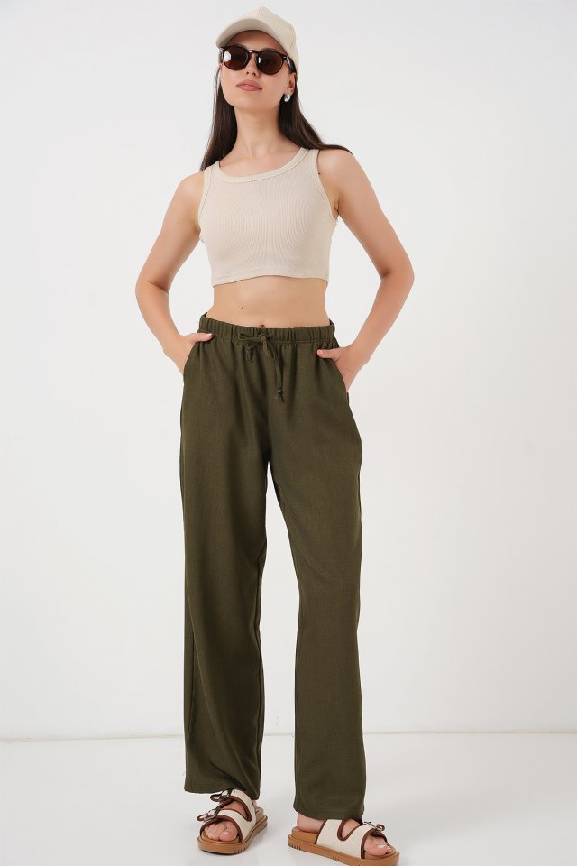 Geniş Paça Keten Pantolon 6735 - Haki