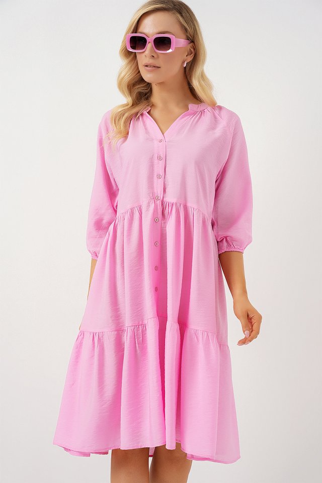 Düğmeli Kısa Kol Elbise 2559 - Pembe