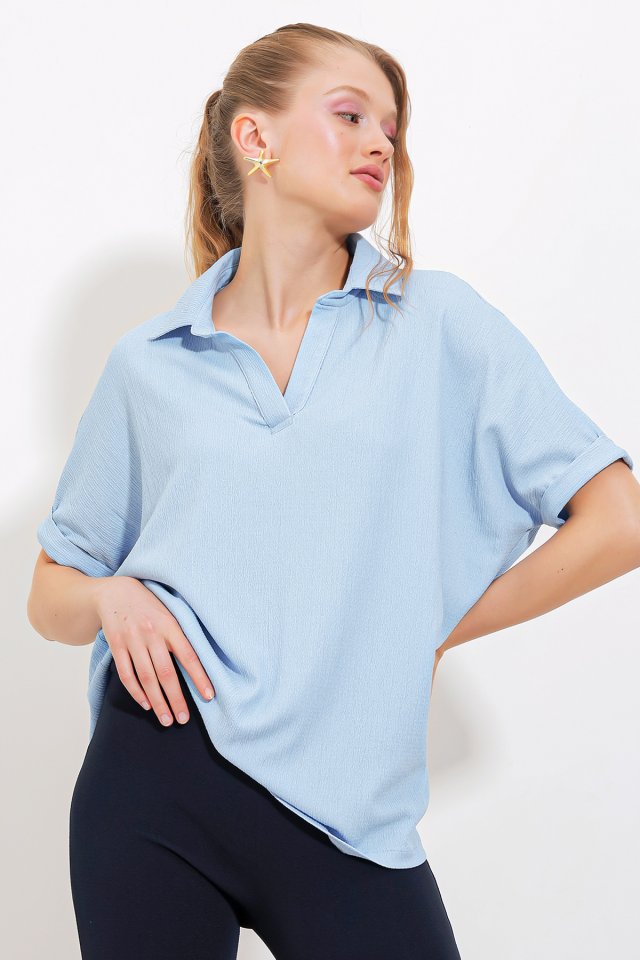 Mavi Oversize Polo Yaka Örme Bluz 0486