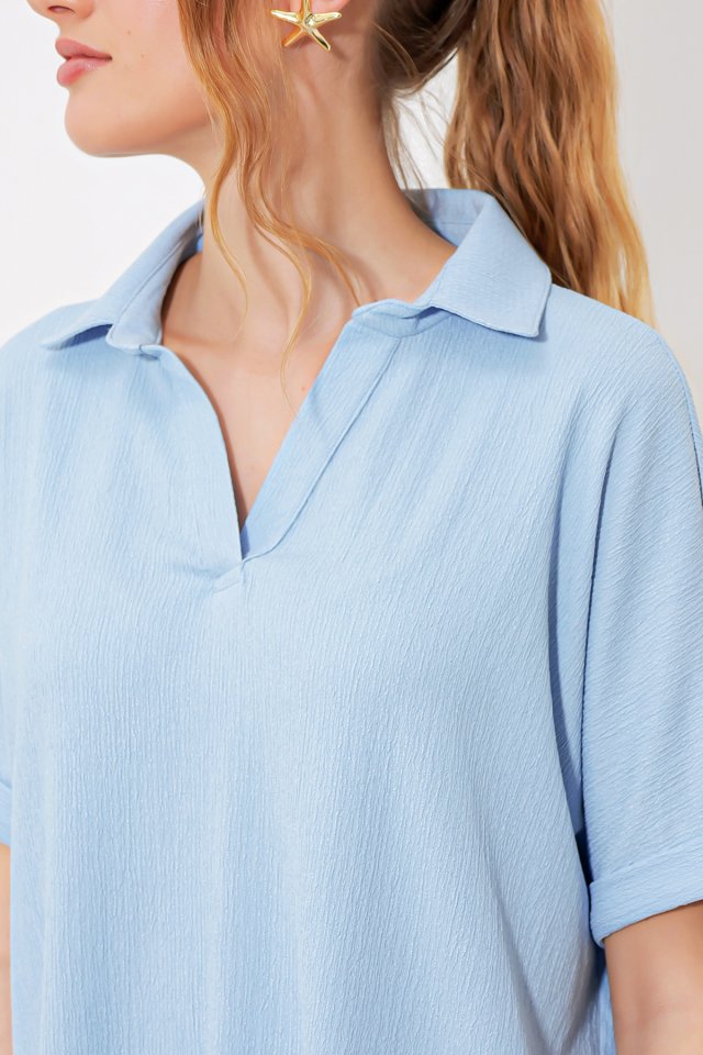 Mavi Oversize Polo Yaka Örme Bluz 0486