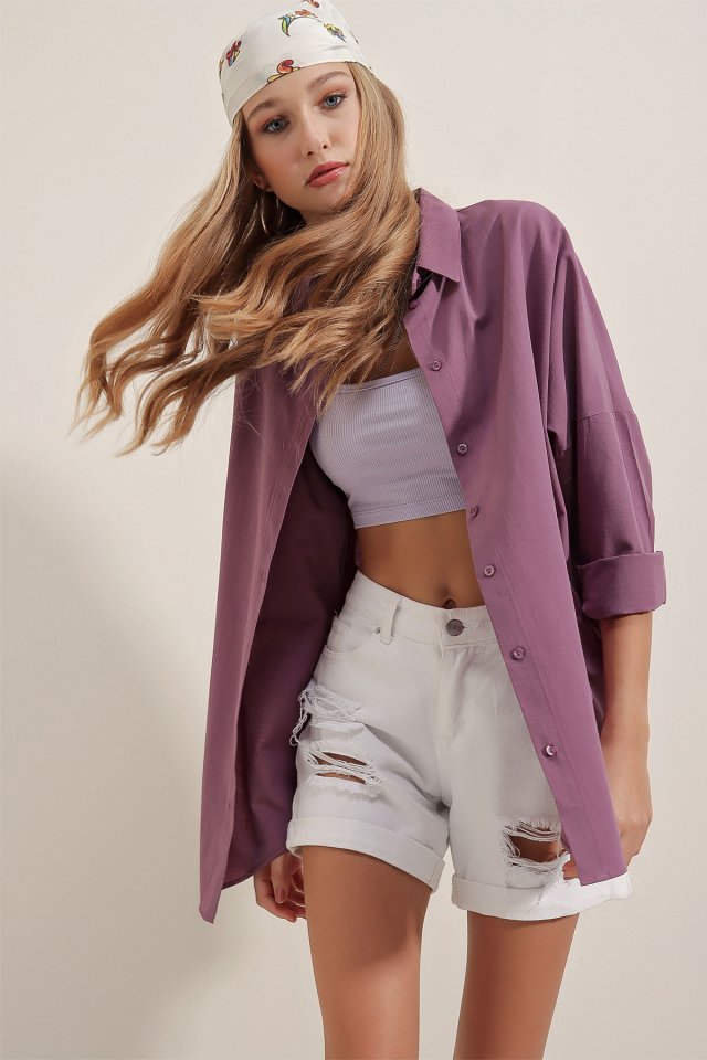 Oversize Uzun Basic Gömlek - Koyu Lila