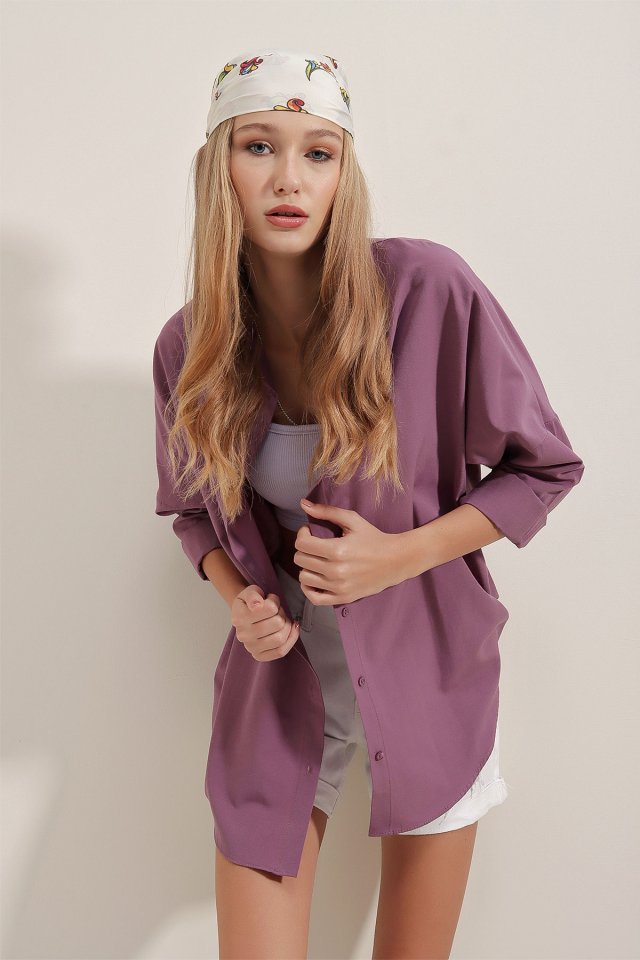 Oversize Uzun Basic Gömlek - Koyu Lila