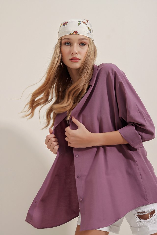 Oversize Uzun Basic Gömlek - Koyu Lila