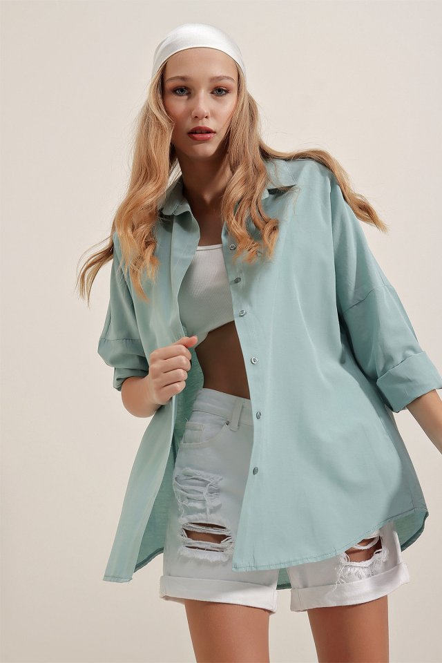 Oversize Uzun Basic Gömlek - Su Yeşili