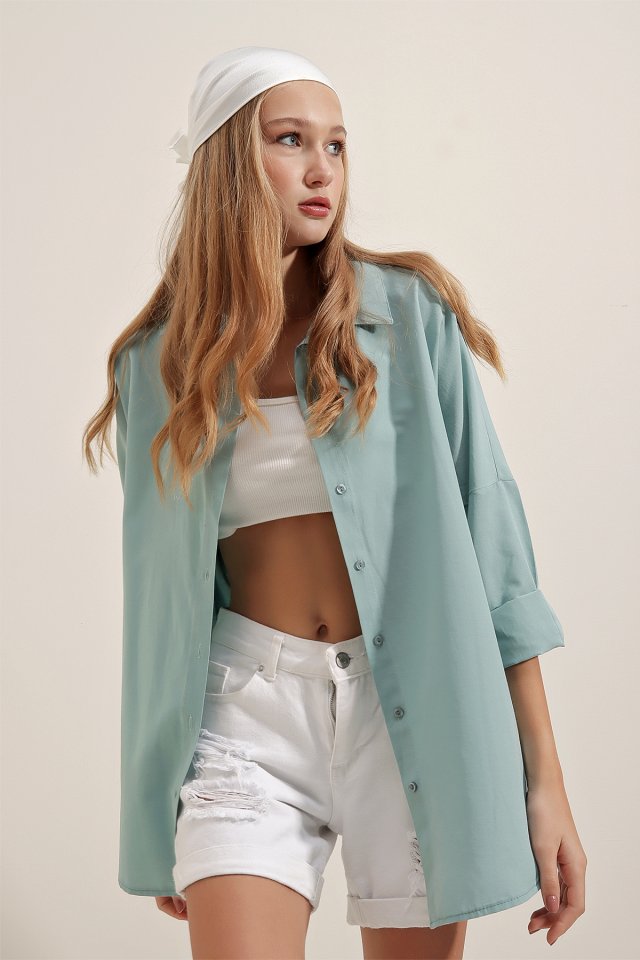 Oversize Uzun Basic Gömlek - Su Yeşili