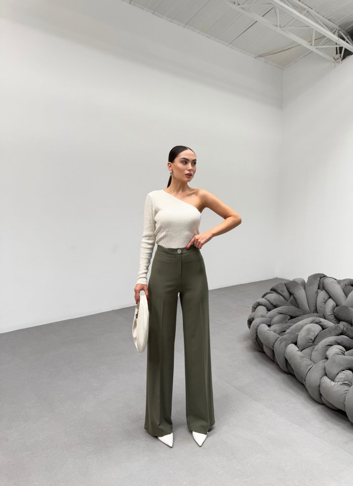 Gr Poly Viscose Lycra Metal Düğme Palazzo Pantolon