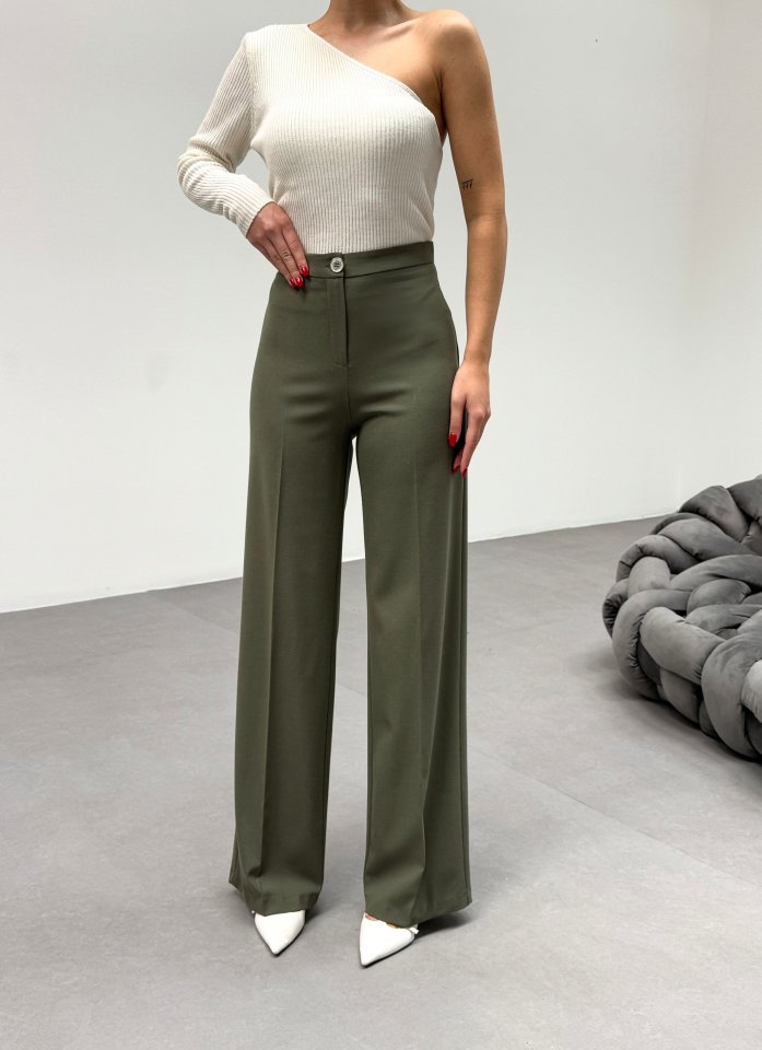 Gr Poly Viscose Lycra Metal Düğme Palazzo Pantolon