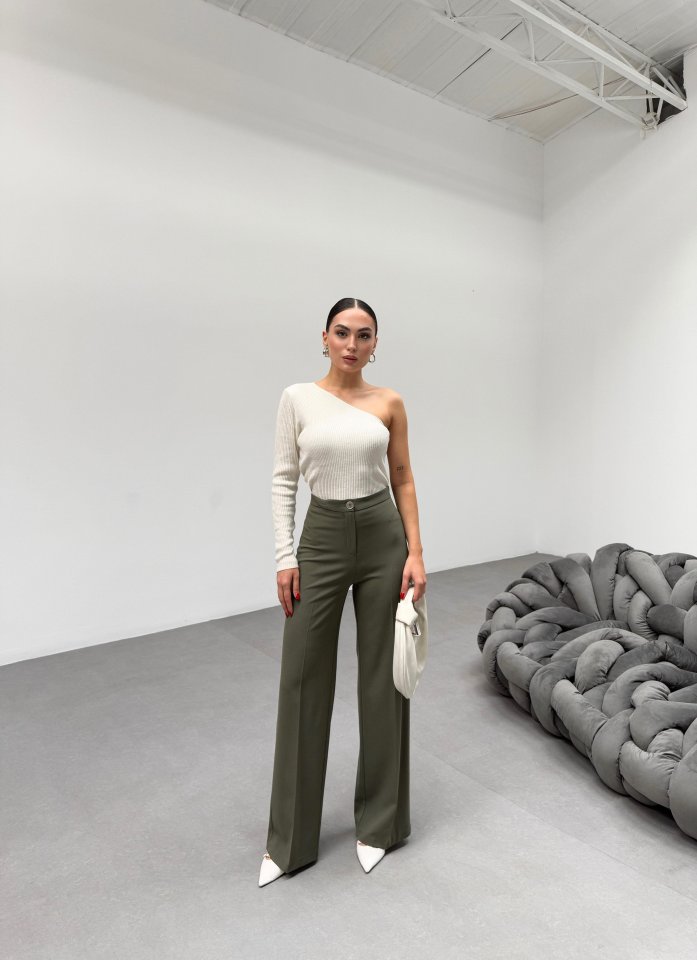 Gr Poly Viscose Lycra Metal Düğme Palazzo Pantolon