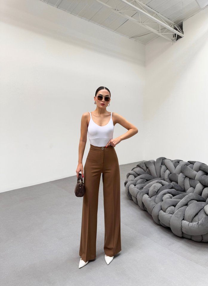 Gr Poly Viscose Lycra Metal Düğme Palazzo Pantolon