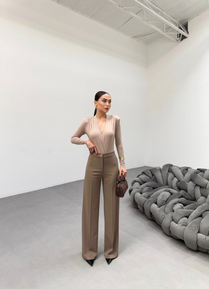 Gr Poly Viscose Lycra Metal Düğme Palazzo Pantolon