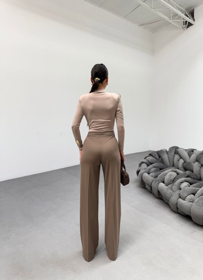Gr Poly Viscose Lycra Metal Düğme Palazzo Pantolon