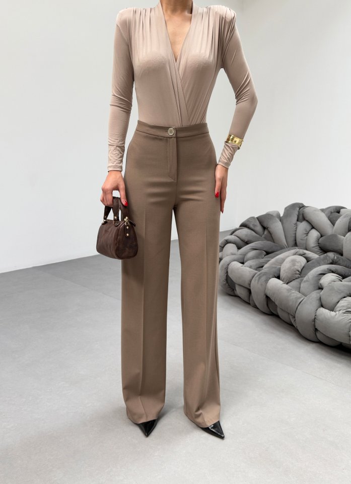 Gr Poly Viscose Lycra Metal Düğme Palazzo Pantolon