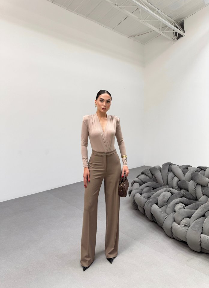 Gr Poly Viscose Lycra Metal Düğme Palazzo Pantolon