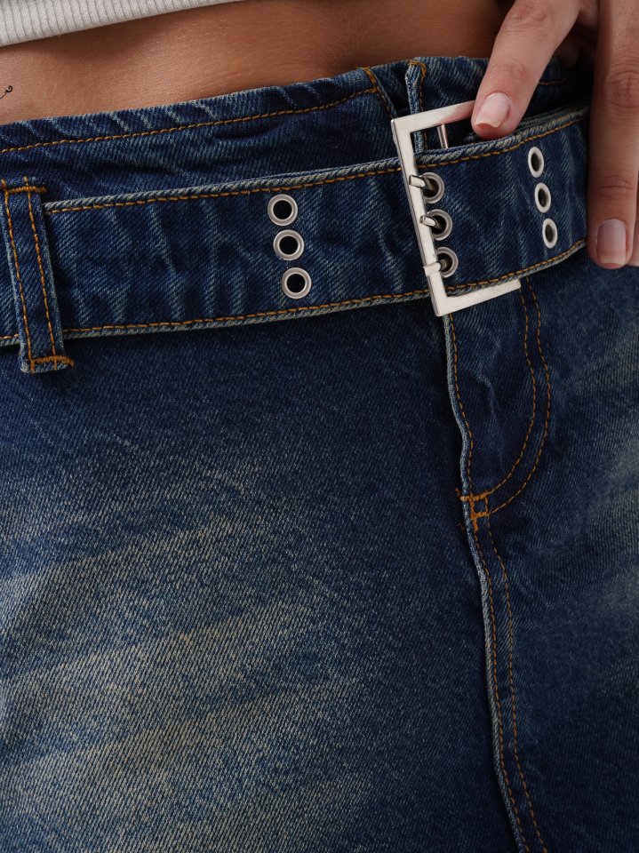 Kemer Detay Denim Mini Etek