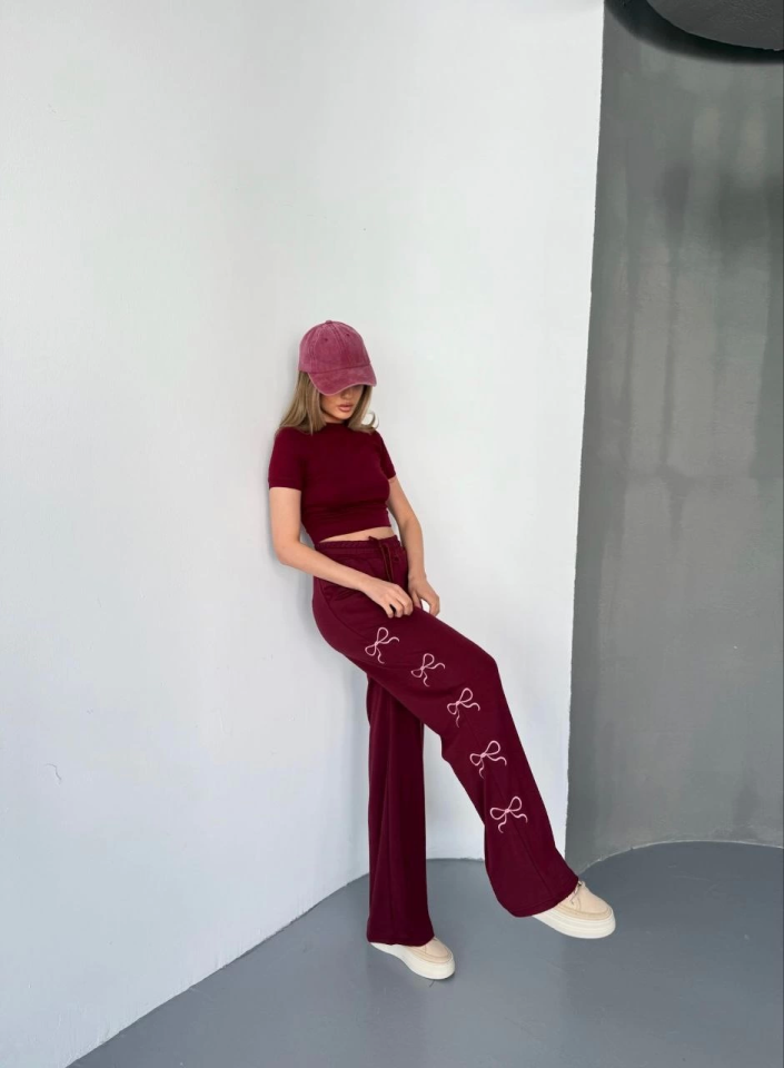 Osy Modal Yumuşak Dokulu Kumaş Nakış Işlemeli Rahat Bol Paça Eşofman Pantalon - Bordo