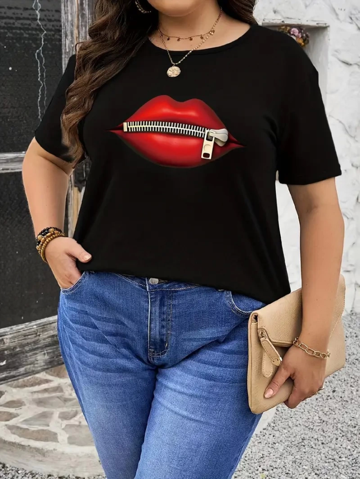 Baskılı Oversize Bisiklet Yaka T-shirt - Siyah