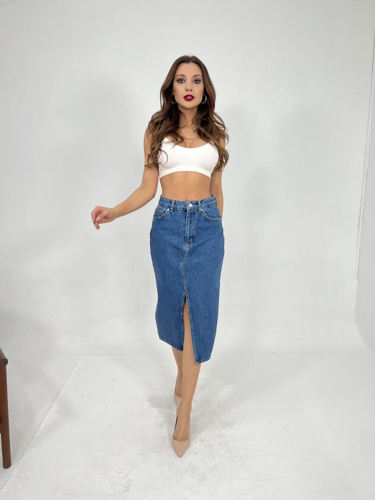 DENİM MIDI SLIT SKIRT-MAVİ