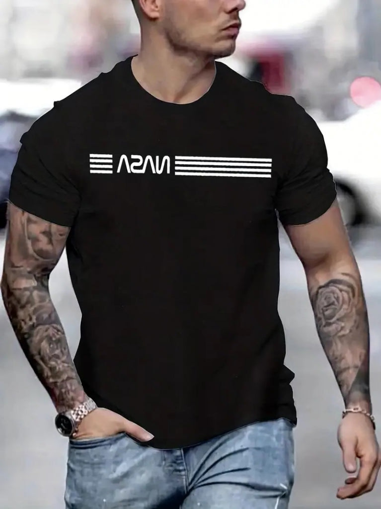 Erkek Kısa Kollu NASA Baskı Bisiklet Yaka T-shirt