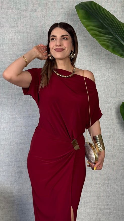 Kadın Kısa Kollu Tek Omuzdan Açık Beli Lastikli Sandy Maxi Elbise