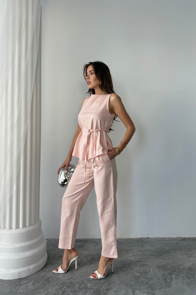 KETEN BLUZ - PANTOLON TAKIM MASSİMO MODELSCREAT KUMAŞ - Pudra