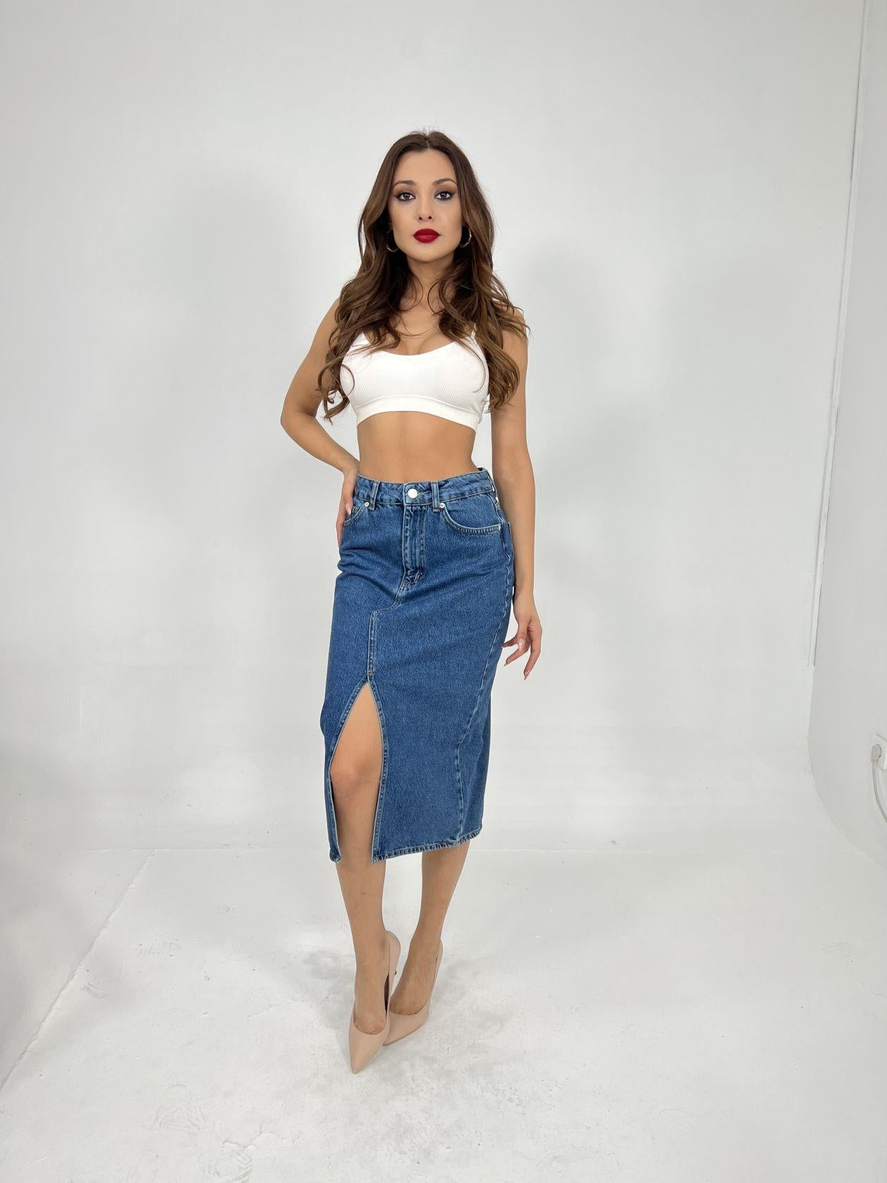DENİM MIDI SLIT SKIRT-MAVİ