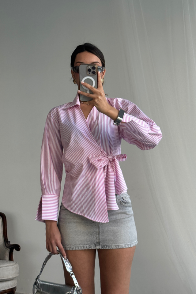 ÇİZGİLİ POPLİN KRUVAZE BAĞLAMALI GÖMLEK - Pembe